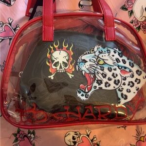 Ed Hardy Red Clear Tote with Black Graphic Inner Pouch